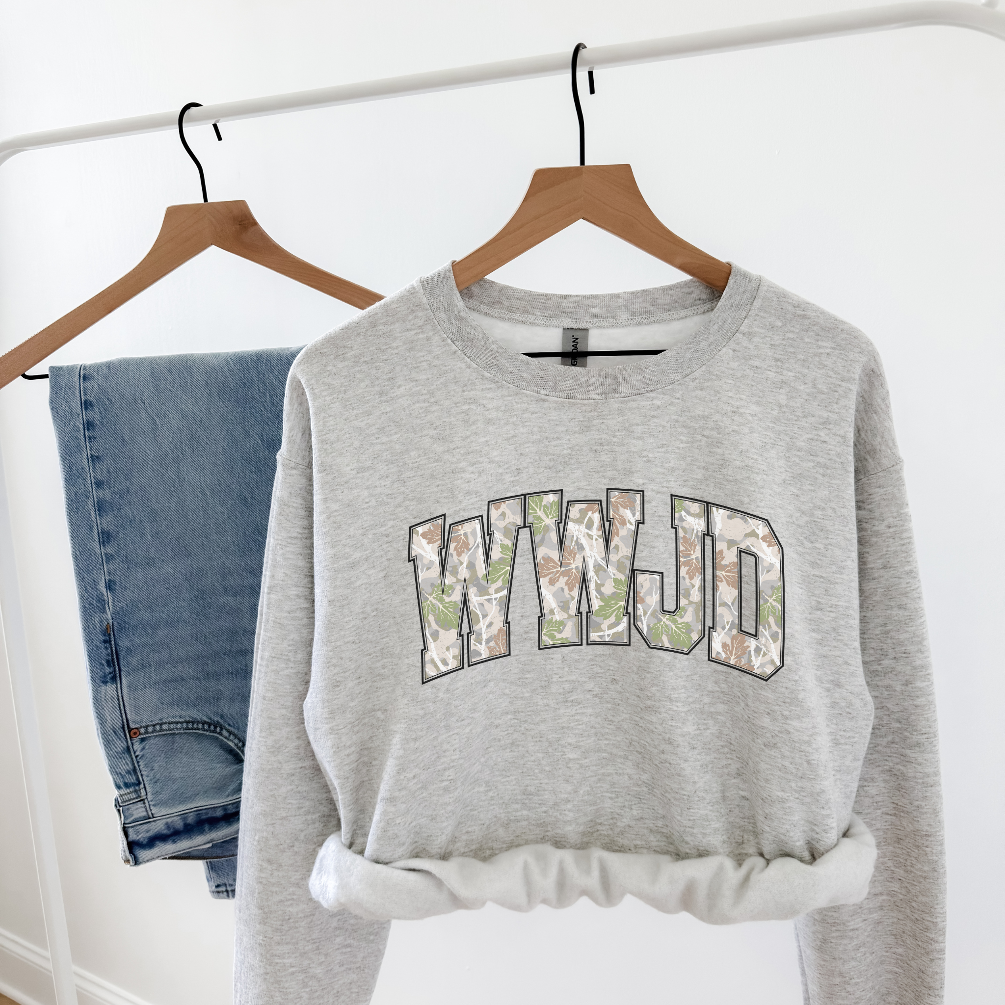 Hey Jude Graphic Tees - Wholesale Graphic Sweatshirt - Women's - WWJD Camo Letter Sweatshirt | Faith Graphic Crewneck3