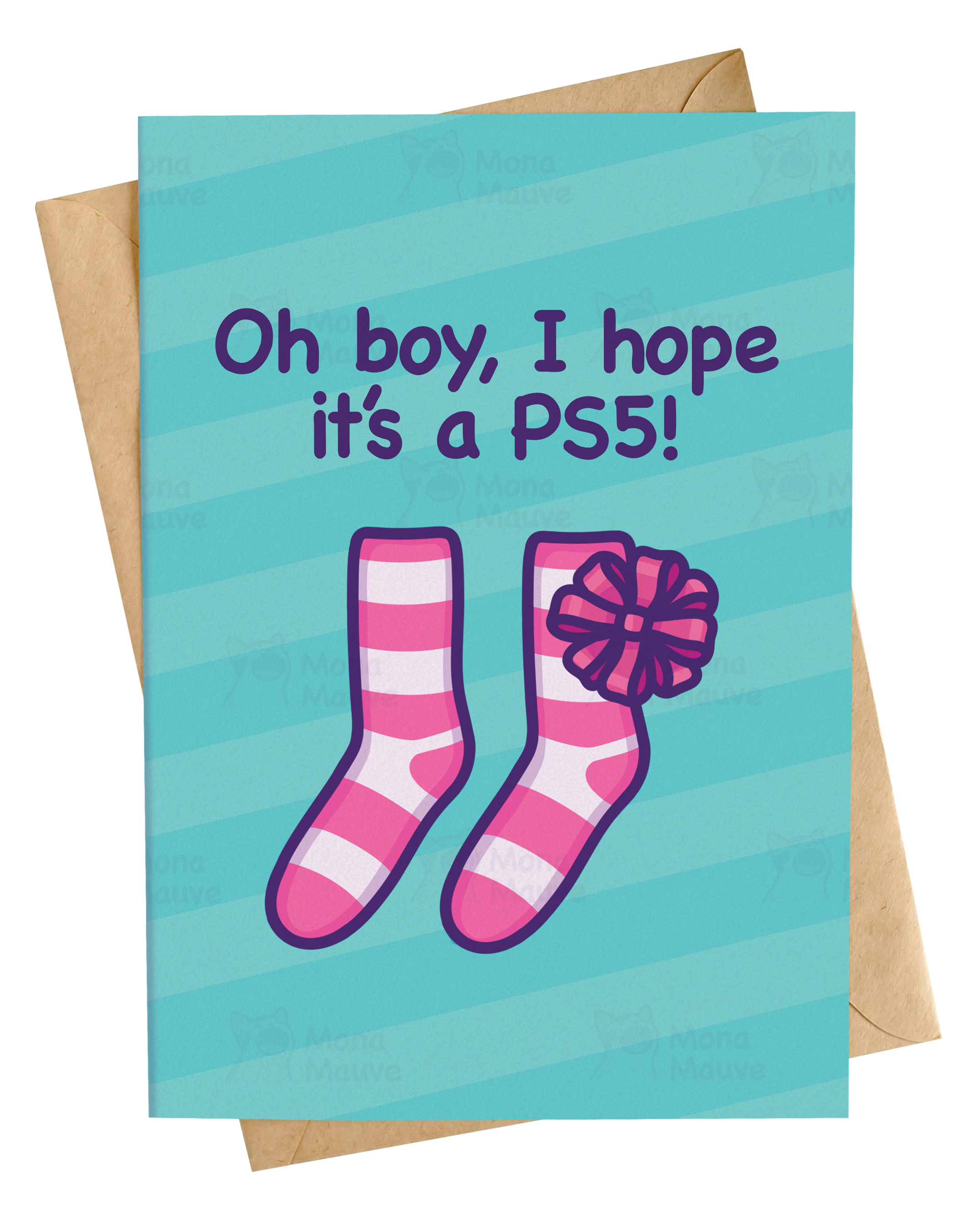 Mona Mauve • Silly Art! – wholesale Christmas card – I Hope It's a PS5! | Funny Gamer Christmas Card0