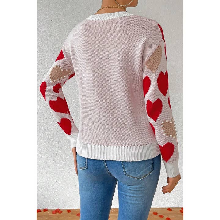 RED Round Neck Heart Shape Pearl Beads Knit Sweater for wholesale on Faire