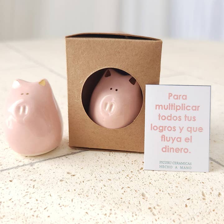 Picuru ceramicas – Großhandel Dekofigur – Glücks-Schwein Amulett mit goldener Glasur – 5 Sprachen1