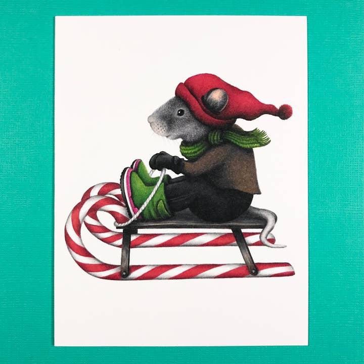 Carte de vœux en forme de souris de luge de taille A2 (intérieur vide) pour la vente par Abundance Illustration