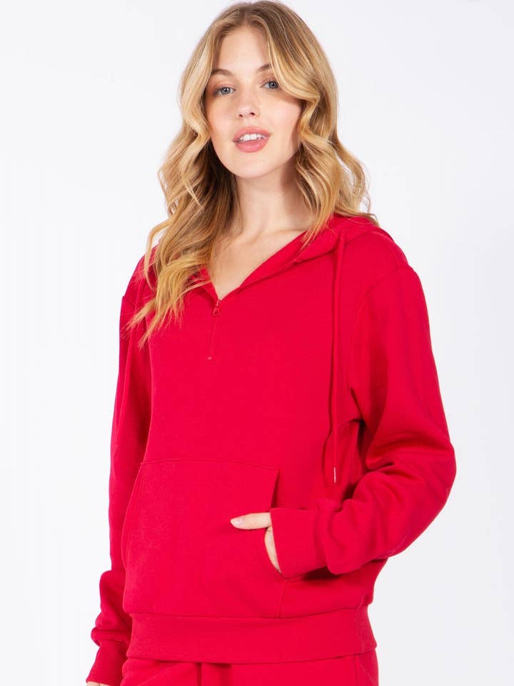 Solid color fleece lined hoodie jacket with quarter zipper for wholesale by Color 5