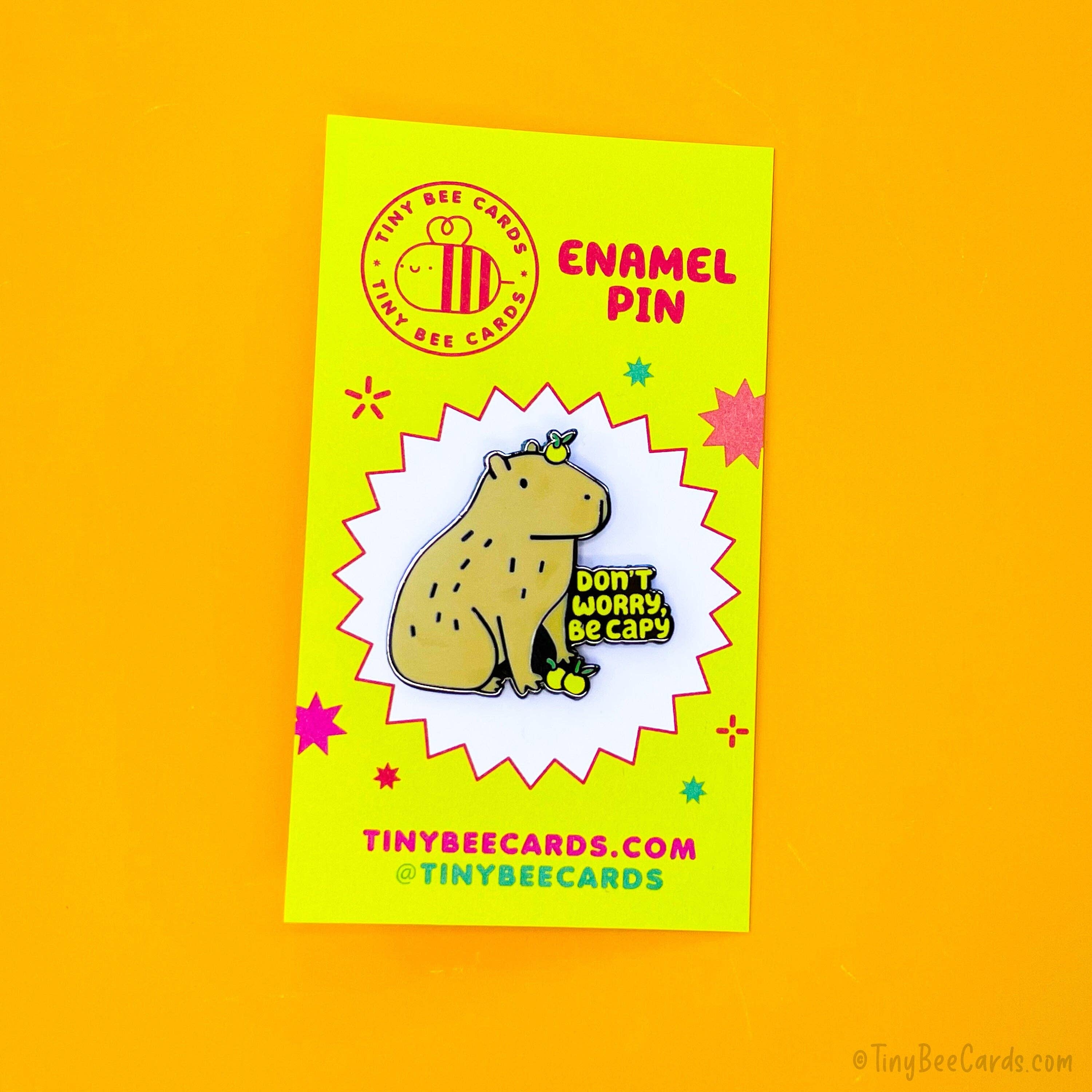 Tiny Bee Cards - Wholesale Lapel Pin/Button - Capybara and Yuzu Hard Enamel Pin "Don't Worry Be Capy"2