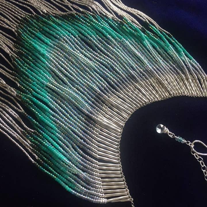 Maui Swan Glass Beadwork Fringe Necklace W/ Solid Sterling for wholesale by Maui Swan Designs