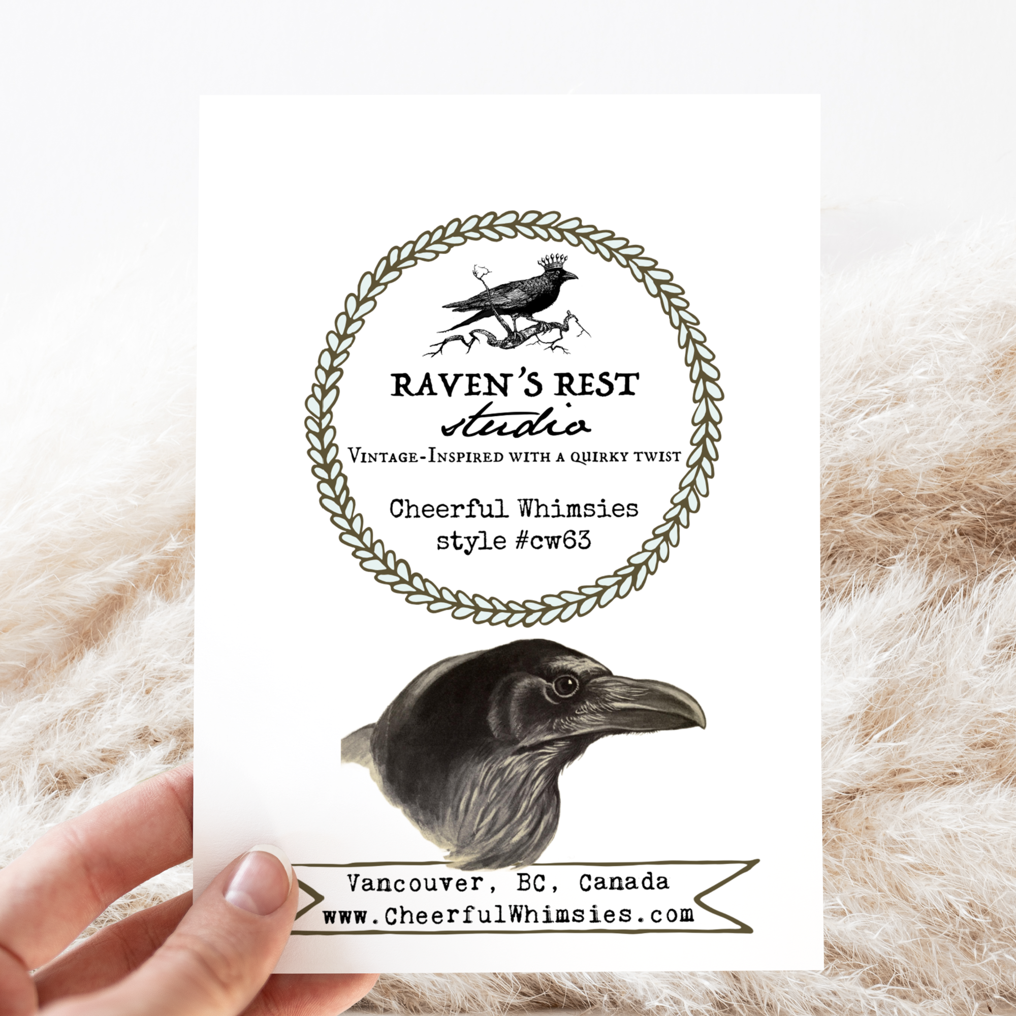 Cheerful Whimsies – Cartão de saudação diária por atacado – Cartão de saudação. Corvo Vintage Com Flores Roxas2