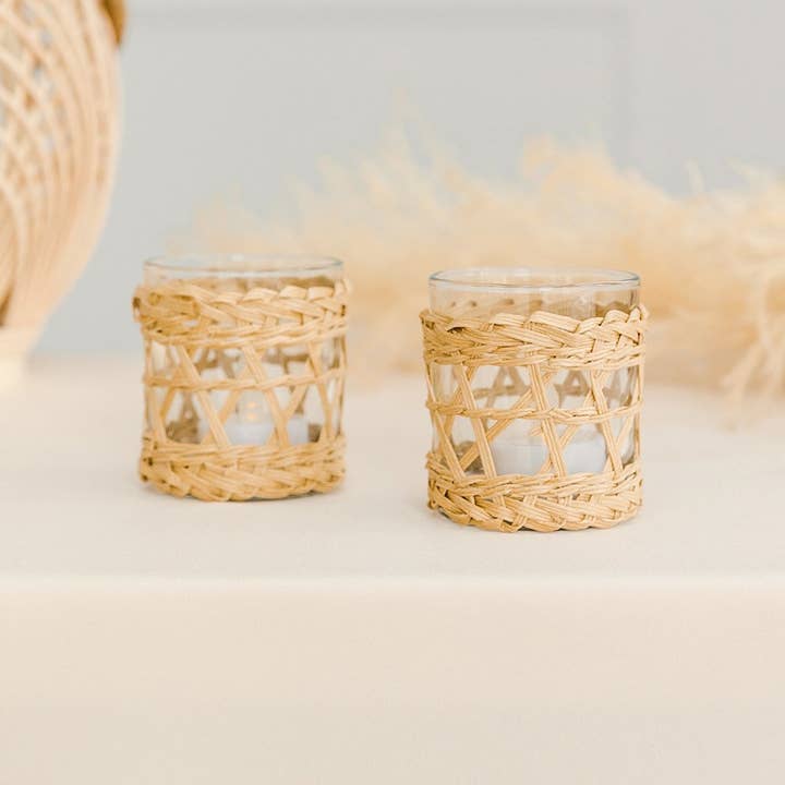 Weddingstar Inc. – Suporte de vela por atacado – Suporte Vela Votiva Tecida & Vidro - Natural - Conjunto De
