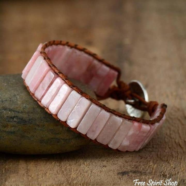 Natural Pink Opal Stone Leather Wrap Bracelet for wholesale by Free Spirit Shop