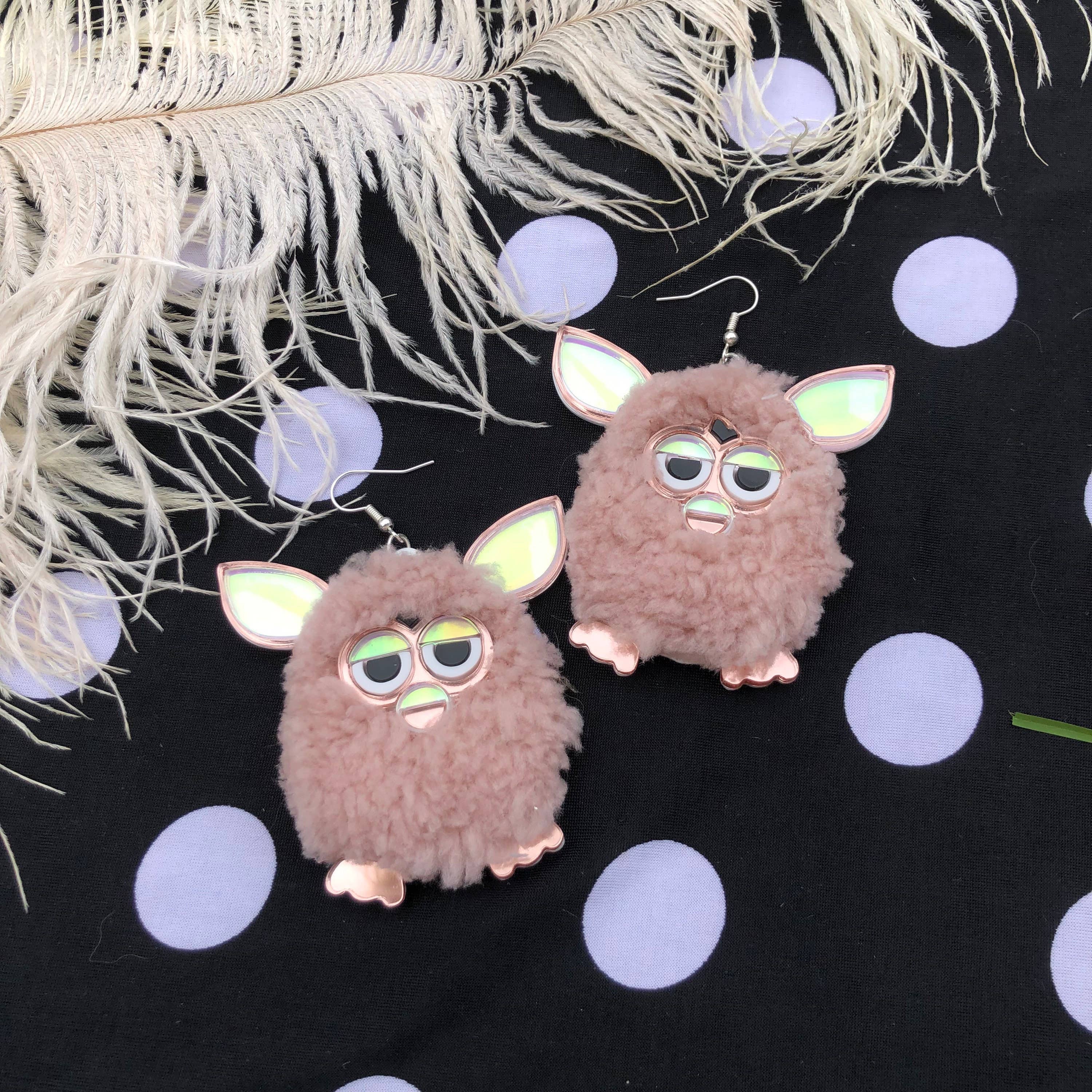 I'm Your Present - Wholesale Dangle Earrings - Rose Pink Furry Furby Earrings, Laser Cut Acrylic, Plastic Jewelry5