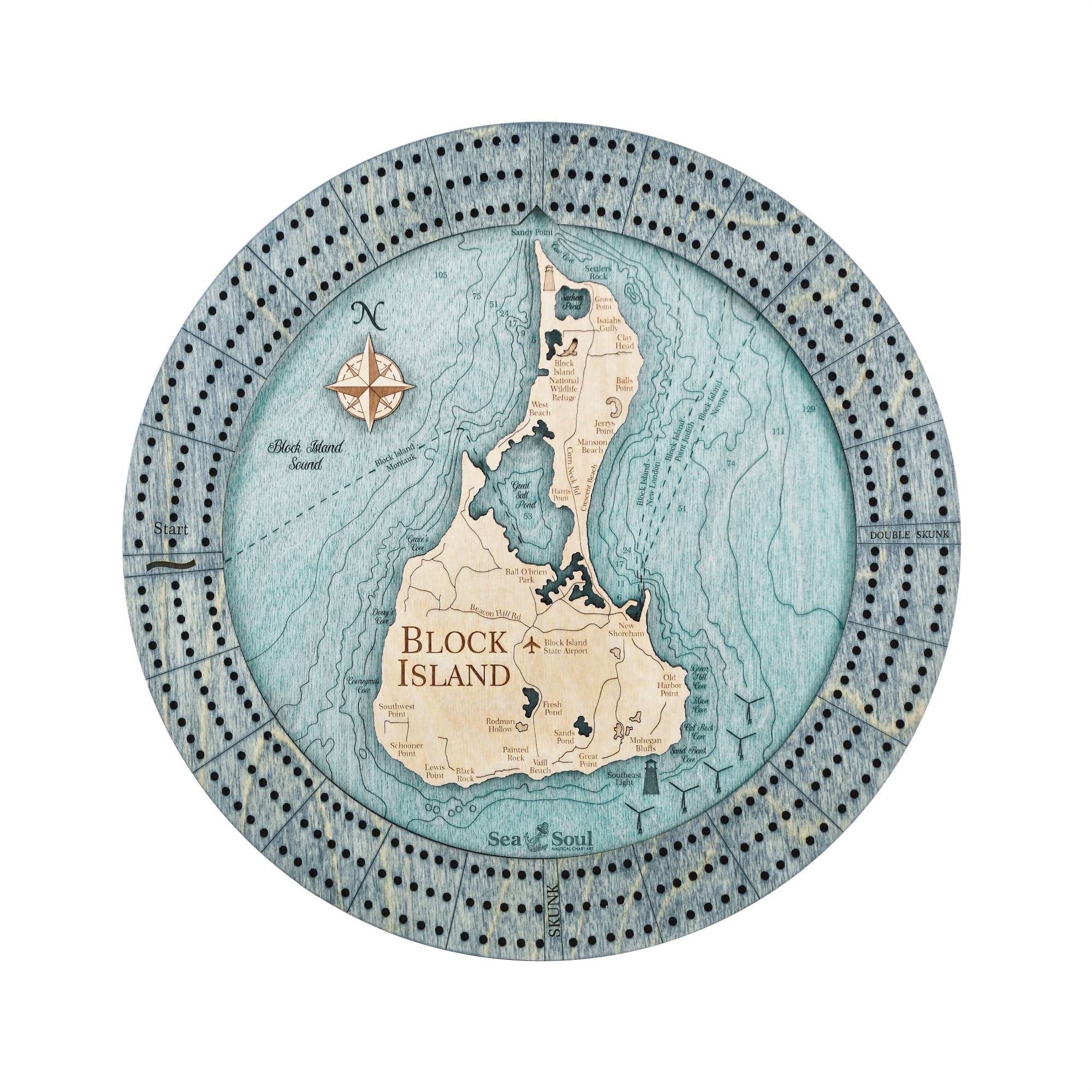Sea & Soul Nautical Chart Art - Vente Jeux de cartes - Planche de cribbage en bois nautique personnalisée de Block Island17
