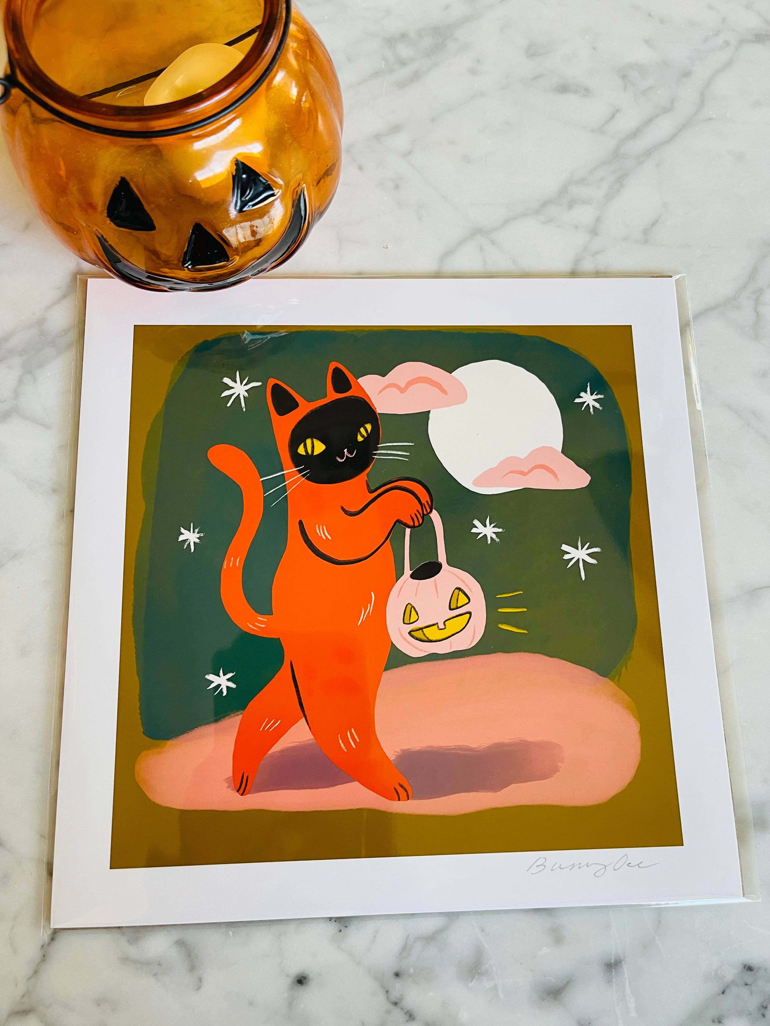 Bunny Dee - Wholesale Art Print - trick or treat orange cat 8x8 print1
