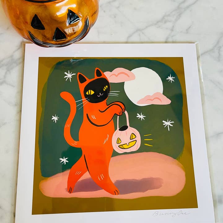 Bunny Dee - Wholesale Art Print - trick or treat orange cat 8x8 print1