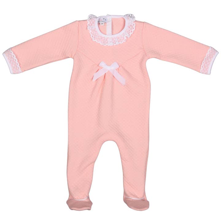 NOLA | Pink Quilted Cotton Footed Baby All-in-One with Lace for wholesale by Bebe Sweeny
