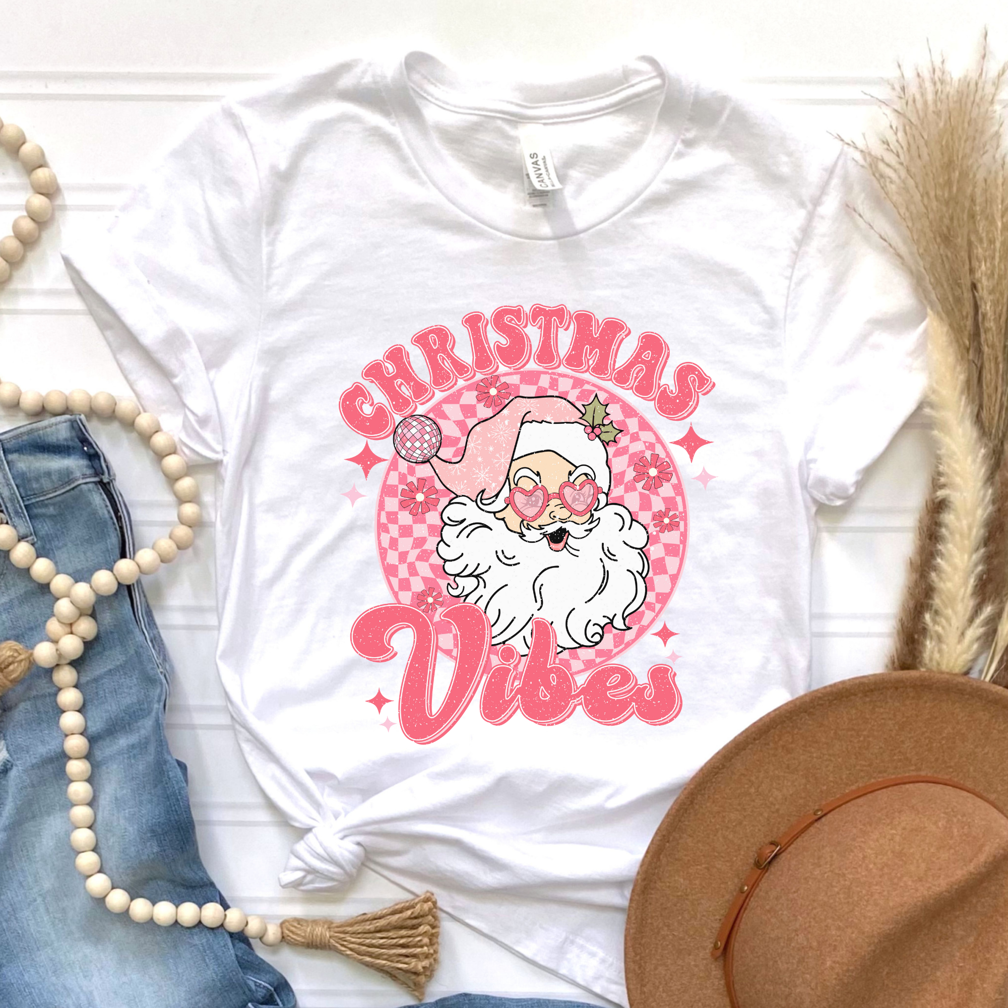 Dixie Grace Mercantile - Wholesale Screen Printed T-Shirt - Women's - Christmas Vibes Pink Graphic Tee0