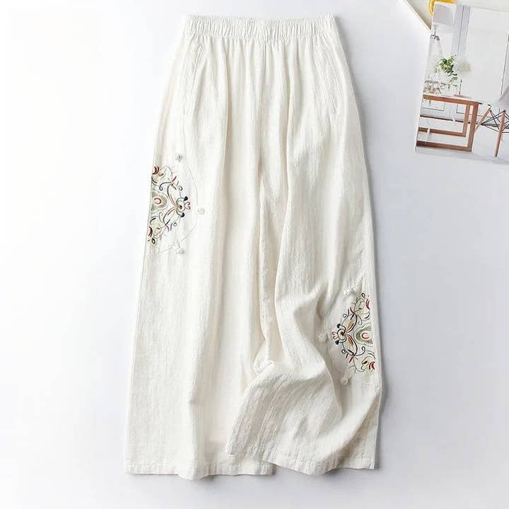 UZ Wholesale Store - Wholesale Pants - Women's - Vintage Embroidered Wide-Leg Cropped Pants1