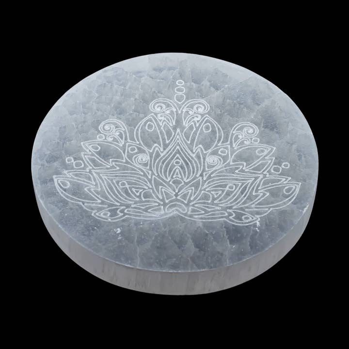 Selenite Engraved Round Lotus Coaster Charging Plate for wholesale by Quasar Gems USA