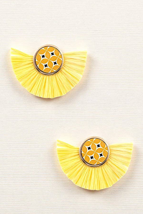 Andrea Bijoux - Wholesale Dangle Earrings - ROUND MIX PRINT RAFFIA TASSEL EARRING2