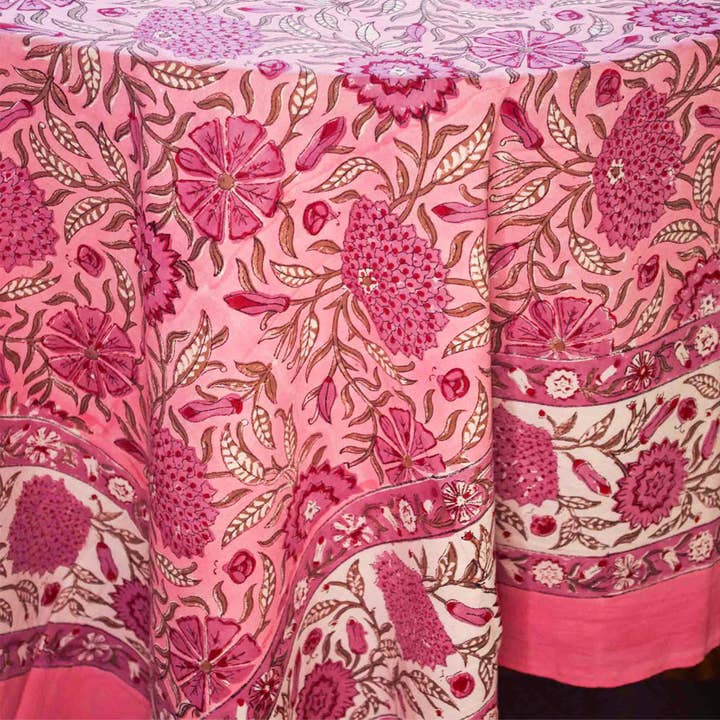 6-Sitzer Blockbedruckte Rechteckige Tischdecke - Rosa Blumenmuster für den Großhandel von Kantha Decor