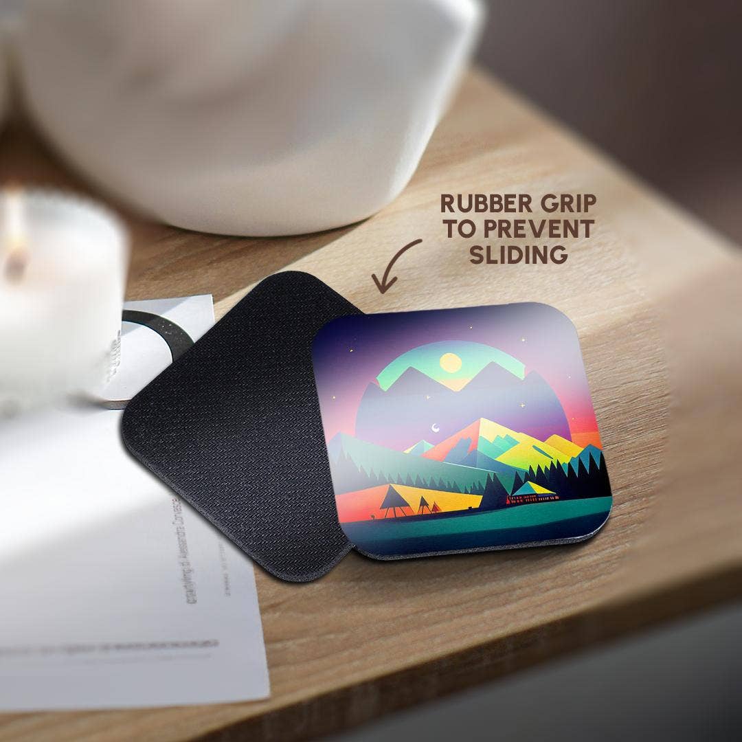 3dRose - Vente Sous-verre - 3dRose, Paysage fantastique décoratif de tentes, montagnes. Cadeau pour campeur heureux, Dessous de verre10