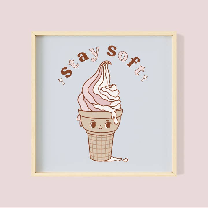 Impression artistique illustrée à la main avec cornet de crème glacée Stay Soft | Art mural | Décoration intérieure pour la vente par Miranda Lynn Designs