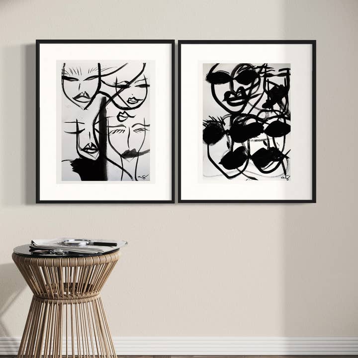 Black and White Abstract Faces Line Art Prints, Set of Two for wholesale by Aim Straley Art