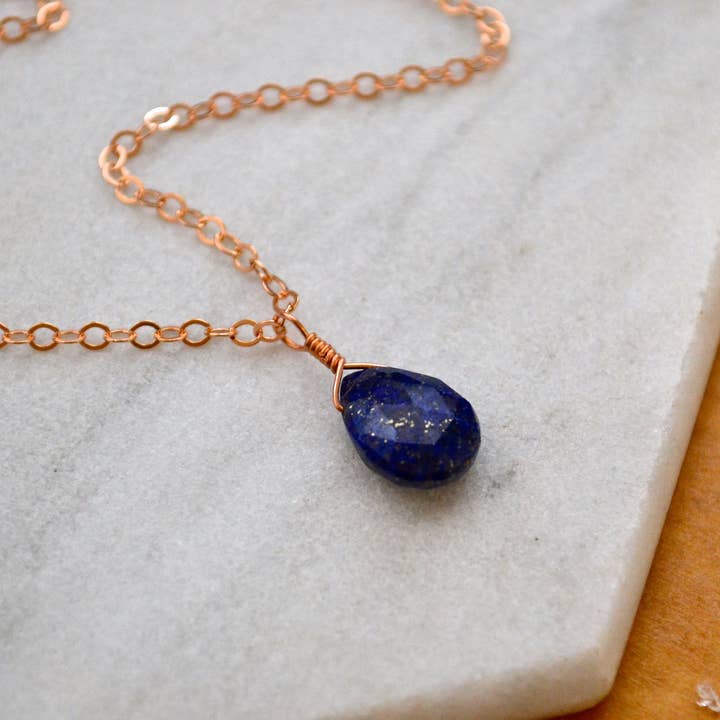 Midnight Necklace - blue and gold lapis lazuli gemstone solitaire necklace for wholesale by Foamy Wader