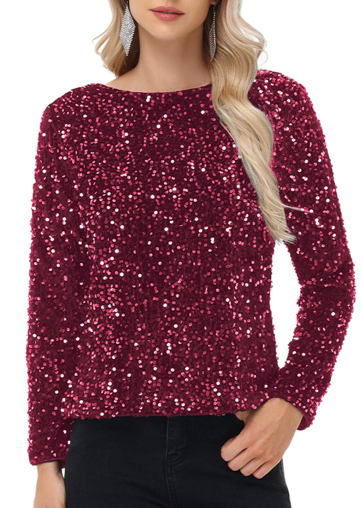 Anna Kaci Wholesale - Wholesale Blouse - Women's - Long Sleeve Sequin Tops Sparkly Glitter Evening Party12