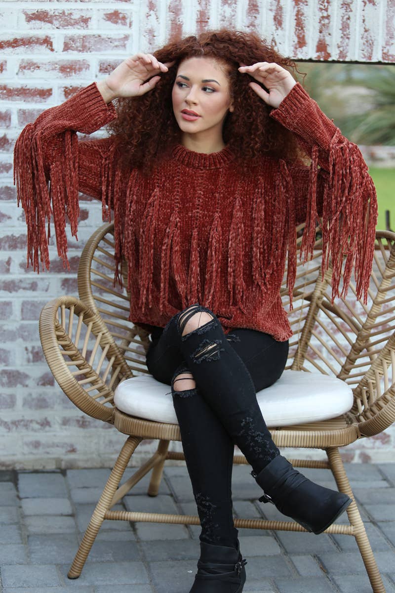 ANGIE - Wholesale Knit Sweater - Women's - XHH31-ASIS CHENILLE FRINGE PULLOVER SWEATER25