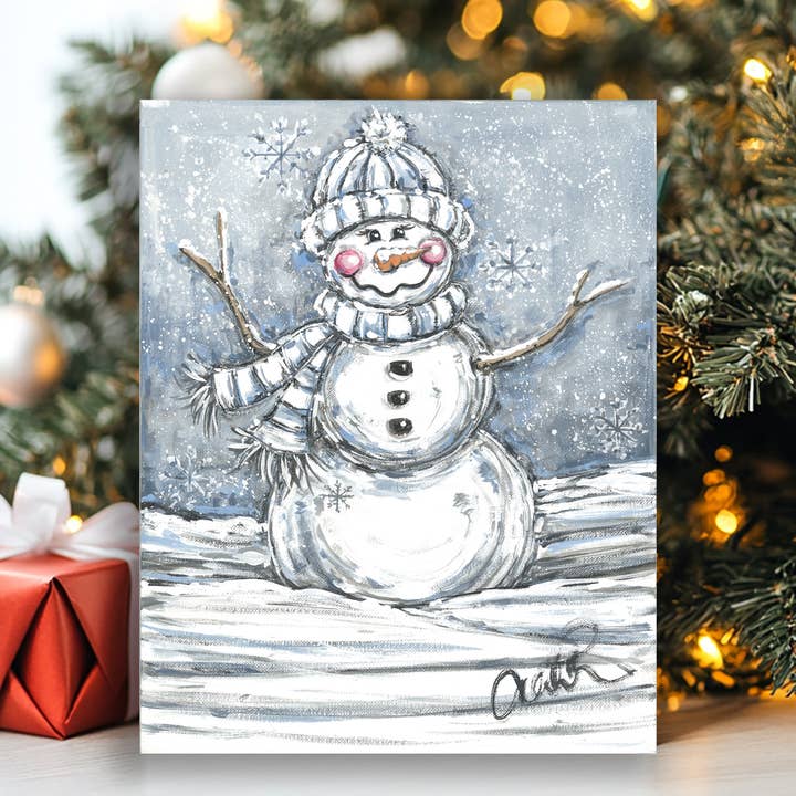 Snowman canvas art print, winter home decor, seasonal abode for wholesale by Rustic Nester