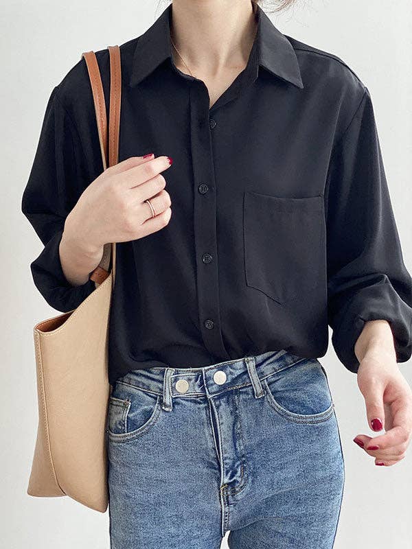 UZ Wholesale Store - Wholesale Button Down Shirt - Women's - Urban Solid Color Lapel Long Sleeves Blouse5