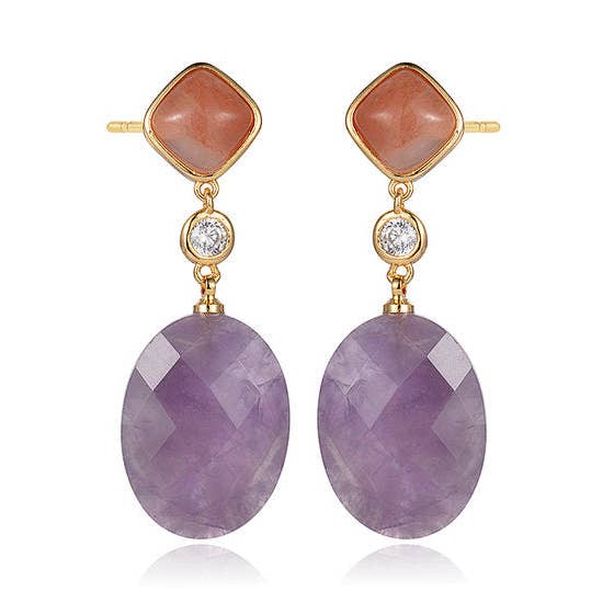 Clio gold Drop stud earrings Amethyst, Sunstone and CZ for wholesale by PearlGem Designs