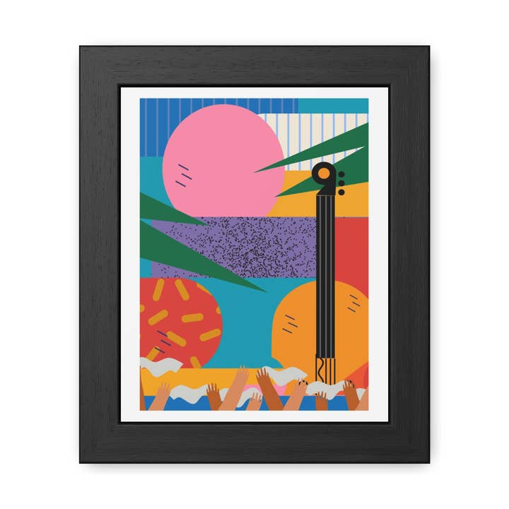 Musicana 3 - Art d'affiche encadrée vibrante - Design rétro coloré pour la décoration intérieure pour la vente par Donkey Laserbeam