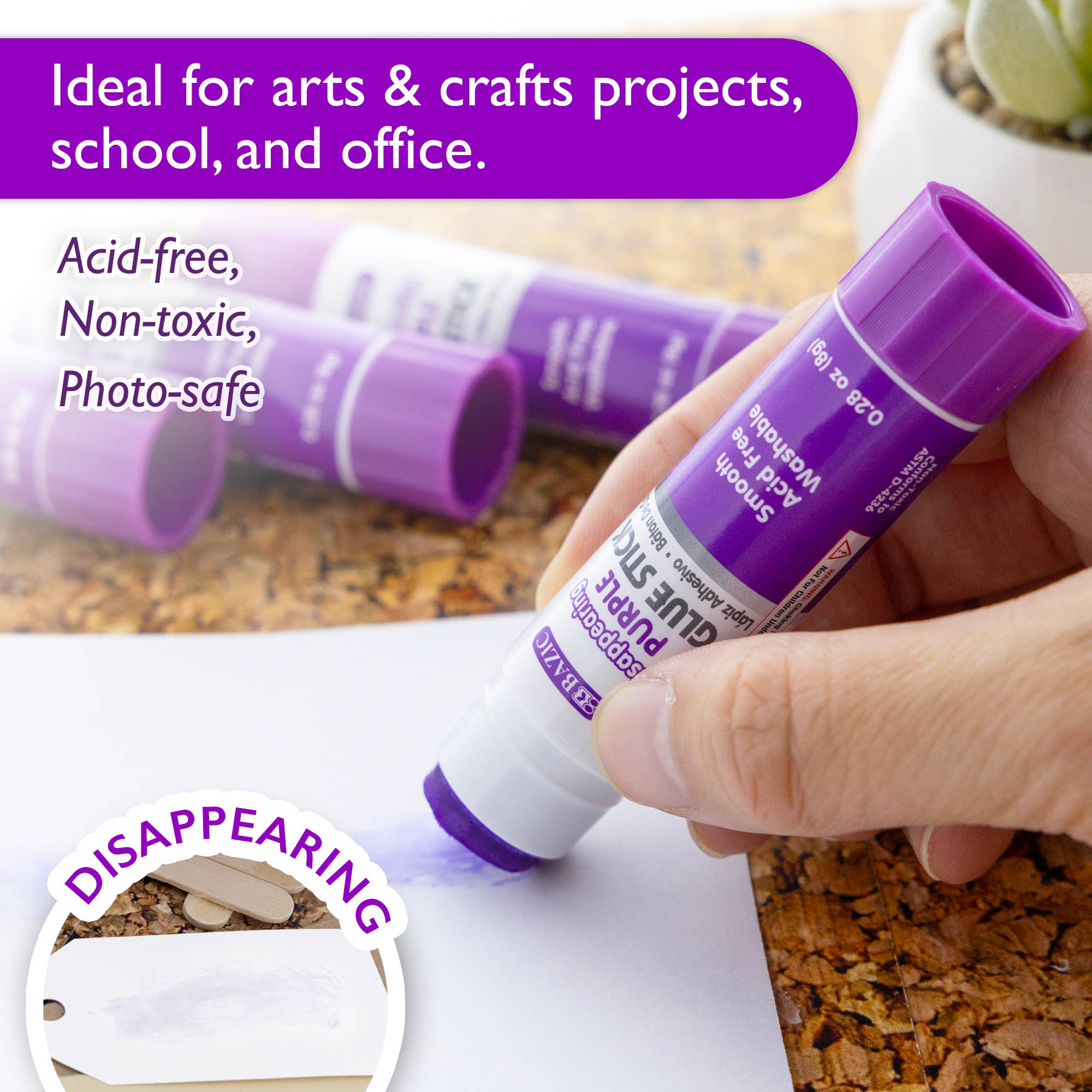 BAZIC Products - Wholesale Glue - Glue Stick Washable Disappearing Purple 0.28 oz (12 Sticks)3