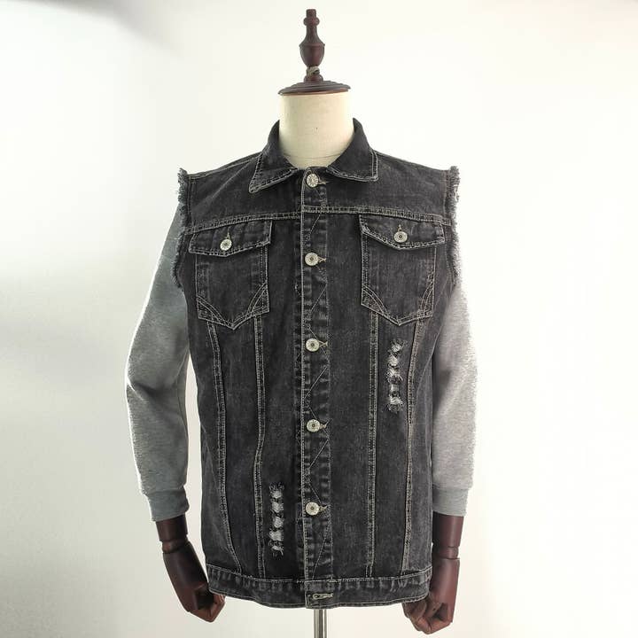 preto/cinza Colete de trabalho casaco sem mangas com estampa jeans para homem para venda a revendedores na Faire
