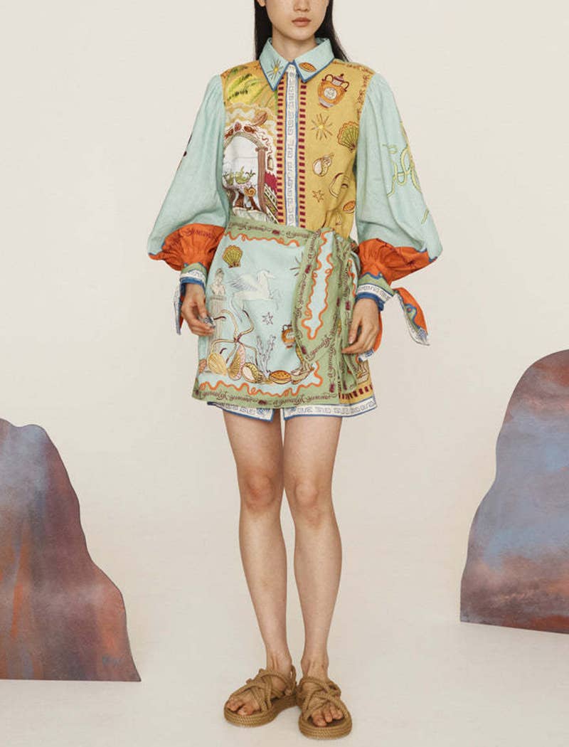 FLOWERY Art Print Button-Down Dress with Skirt Overlay for wholesale on Faire1