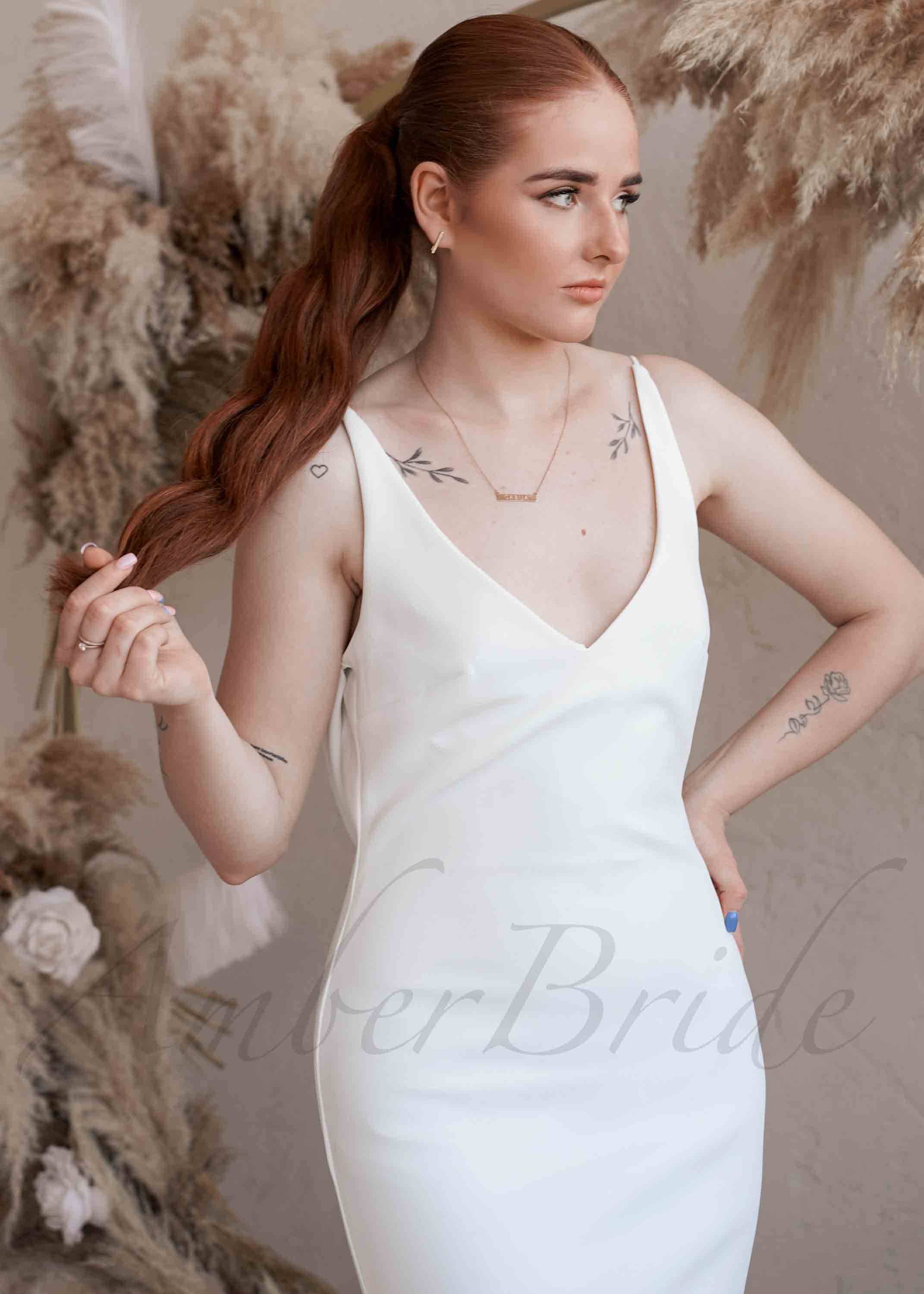 Amber Commerce Group, MB - Wholesale Gown - Women's - Simple Satin Mermaid Wedding Dress with V-Neck, Spaghetti Straps and Low Back2
