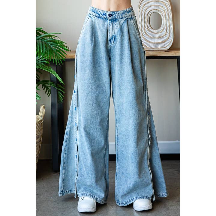 WASHED WIDE LEG FLARED PALAZZO DENIM PANTS for wholesale on Faire