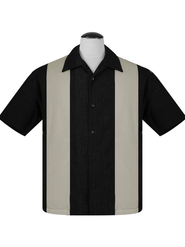 Chemise de bowling à double panneau PopCheck en noir/pierre pour la vente par Steady Clothing