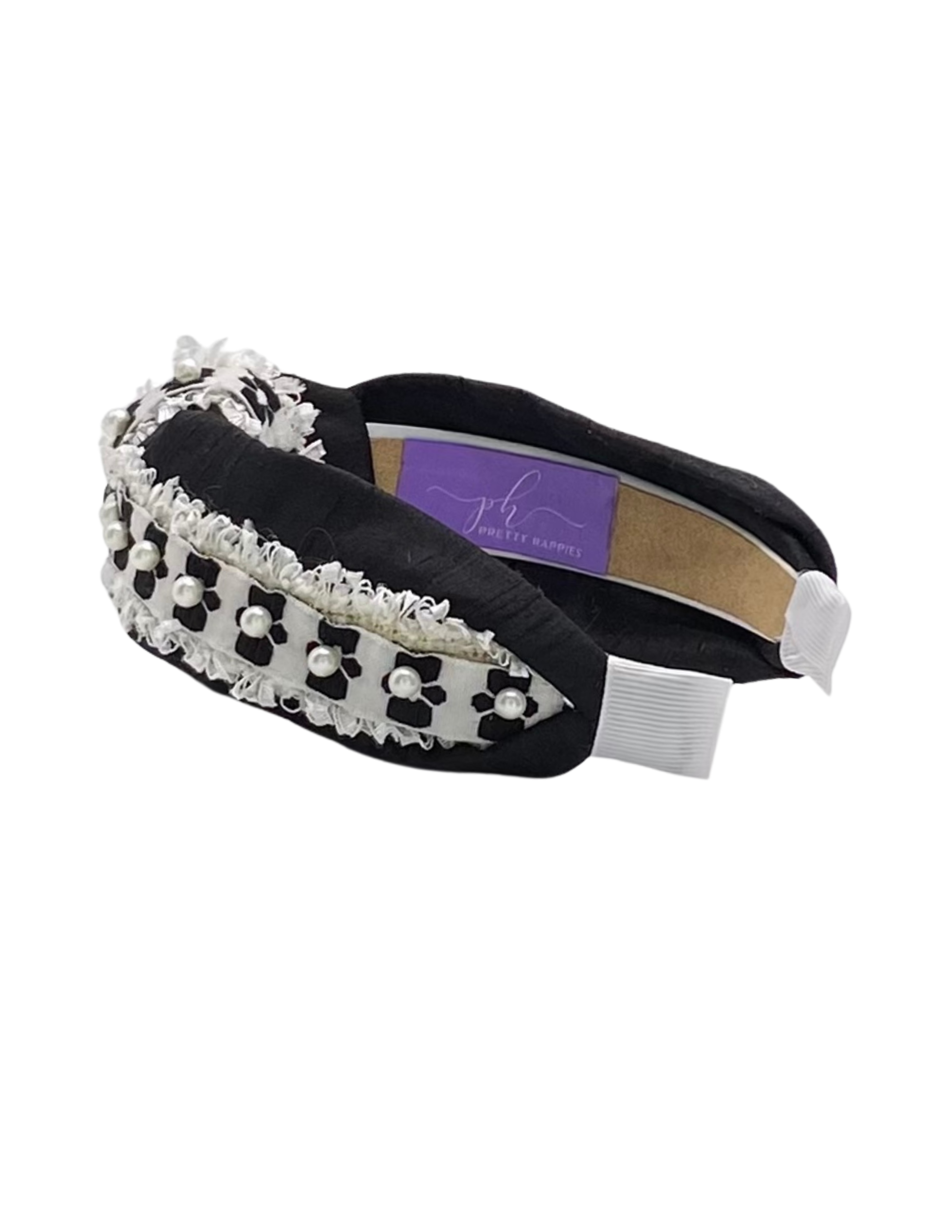 Pretty Happies - Wholesale Fashion Headband - Women's - White with Black Flower and Pearls on Black Silk3