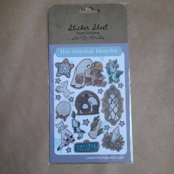 Sticker Paper Sheet--Swoopy Ghost and The Crystal District for wholesale by LostInWonderArt