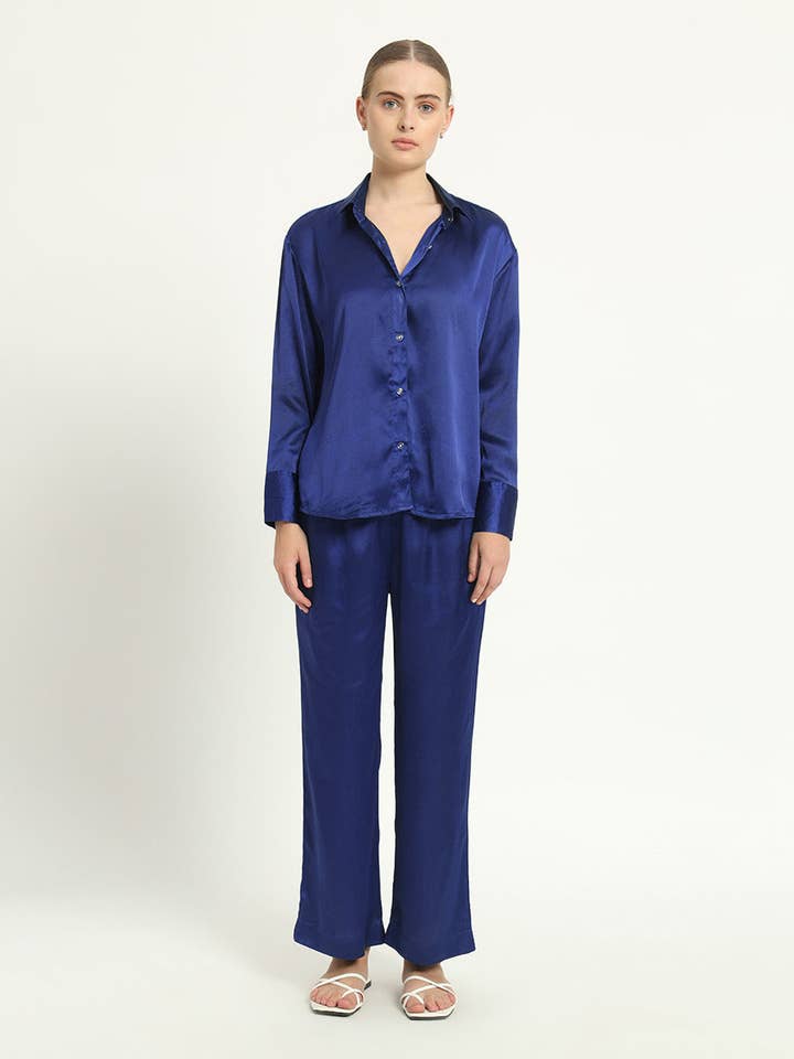 Satin Classic Button Down Lapis Purple PJ Set for wholesale by Thevasa