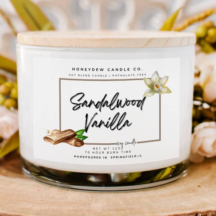 Vela de 3 mechas, sándalo y vainilla para venta al por mayor de Honeydew Candle Co.