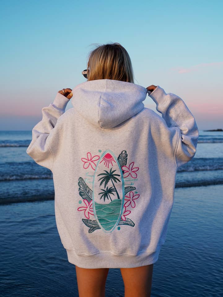 Pearl Grey Surfing The Waves Embroider Hoodie for wholesale on Faire1