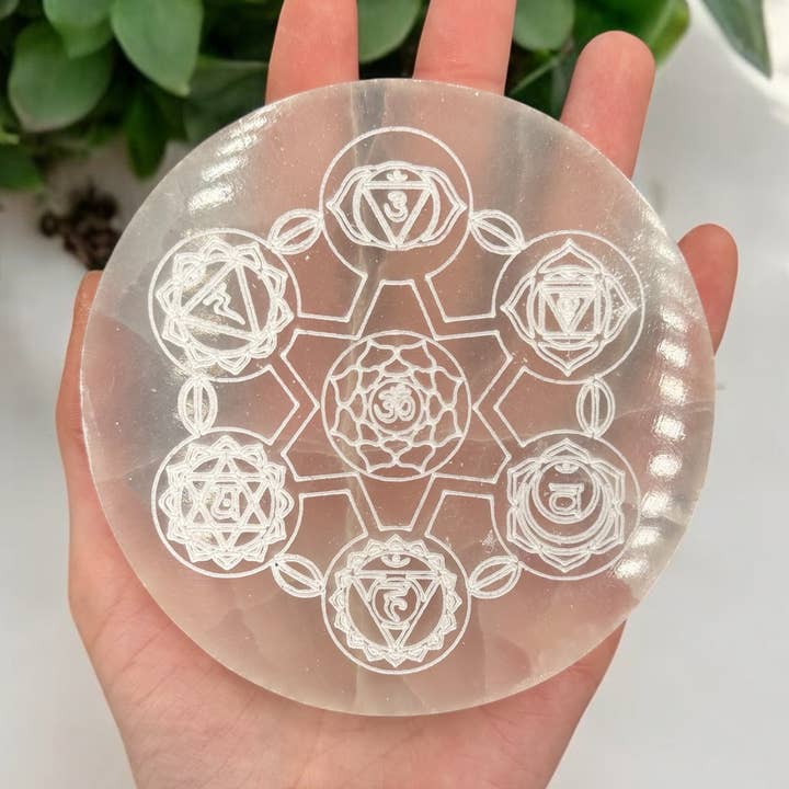Selenite Plate - Chakra 4" for wholesale by Funky Stuff