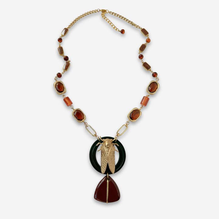 Lulu’s Petals - Wholesale Pendant/Charm Necklace - Repurposed Vintage brass Cicada assemblage necklace with bakelite drop