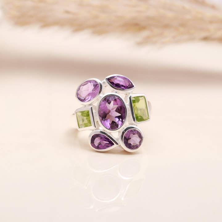 AG 925 JEWELLERY - Wholesale Cocktail/Statement Ring - Handmade Natural Faceted Amethyst & Peridot 925 Sterling Silver Statement Ring3