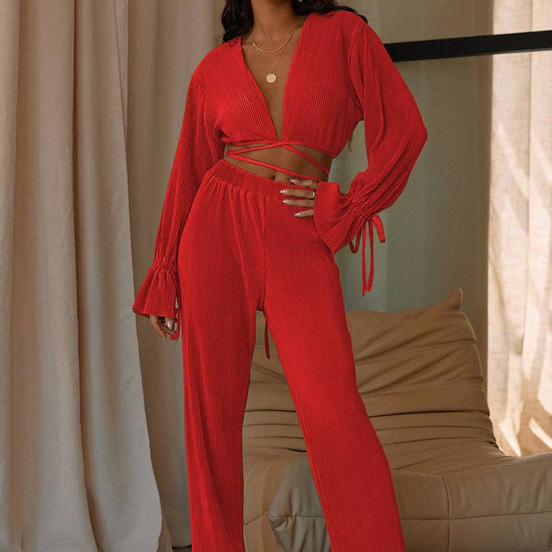 HIDDENBRAND - Wholesale Top & Pant Set (NOT Loungewear) - Women's - V-Neck Stylish Casual Sexy Two-Piece Set5