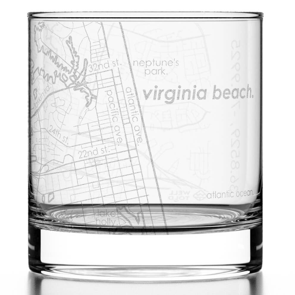 Well Told - Wholesale Cocktail/Liquor Glass - Virginia Beach, VA City Map - Etched Whiskey Rocks Glass0