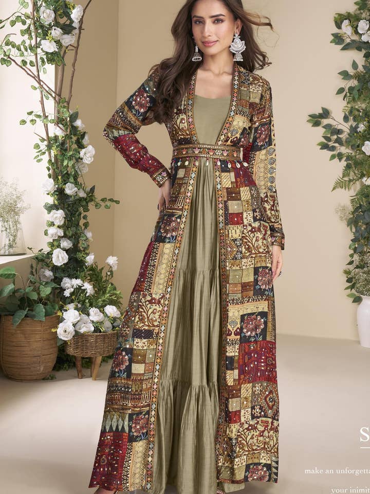 Beige Georgette Anarkali Suit With Long Jacket For Indian & Pakistani Wedding Festival - Thread Embroidery Work, Print Work for wholesale by HATKE BRIDE