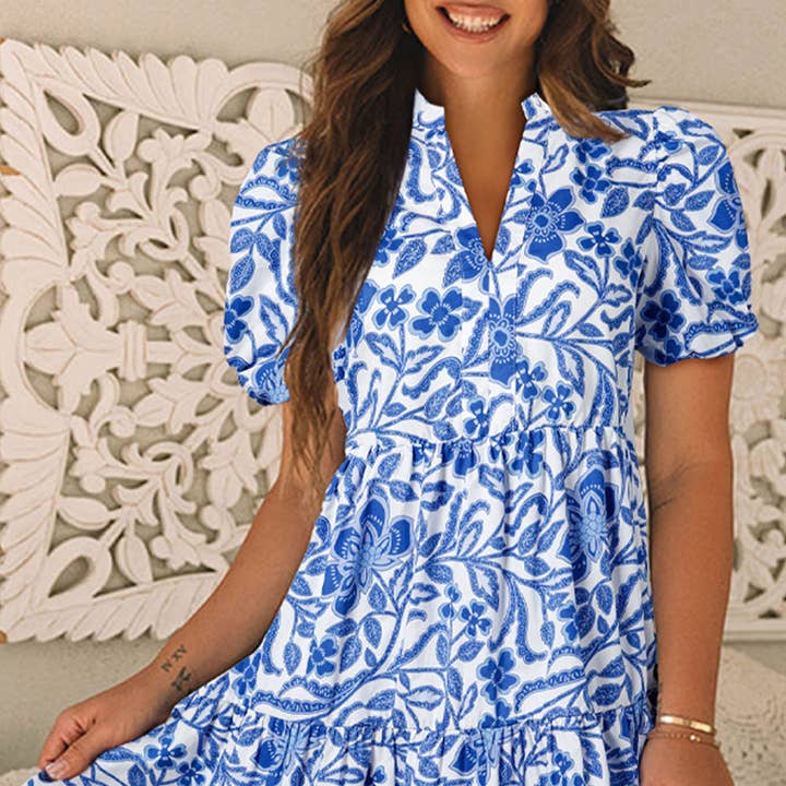 Blue Floral Puff Sleeve Tiered Mini Dress with V Neck and other Purchase Wholesale bacon online. Free Returns & Net 60 Terms on Faire trending on Faire.