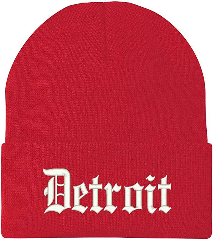 Trendy Apparel Shop – Gorro - Unissexo por atacado – Gorro Longo Bordado Font Detroit City Old English Font Detroit City4